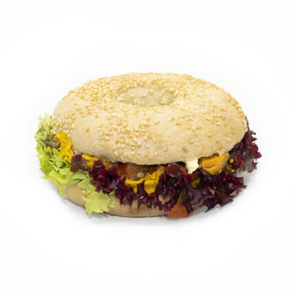 Bagel-Hälfte: Curry-Humus mit Tahin