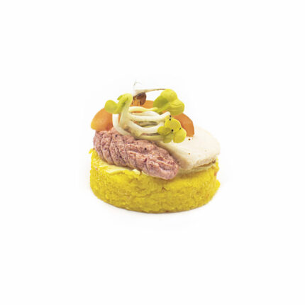 Safran-Parmesan-Polenta-Canapé: Tandoori Chicken mit Rucolasprossen